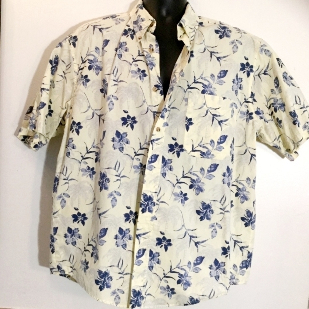 Natural Issue Hawaiian Blue Off-White Men’s Large L Wrinkle Free 100% Cotton EUC